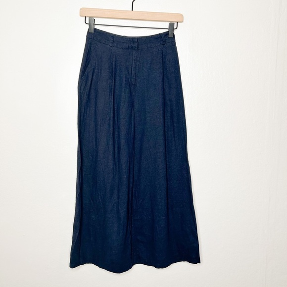 ASOS Coastal High Rise Wide‎ Leg Crop Navy Blue Linen Blend Pants 0 - Picture 2 of 9